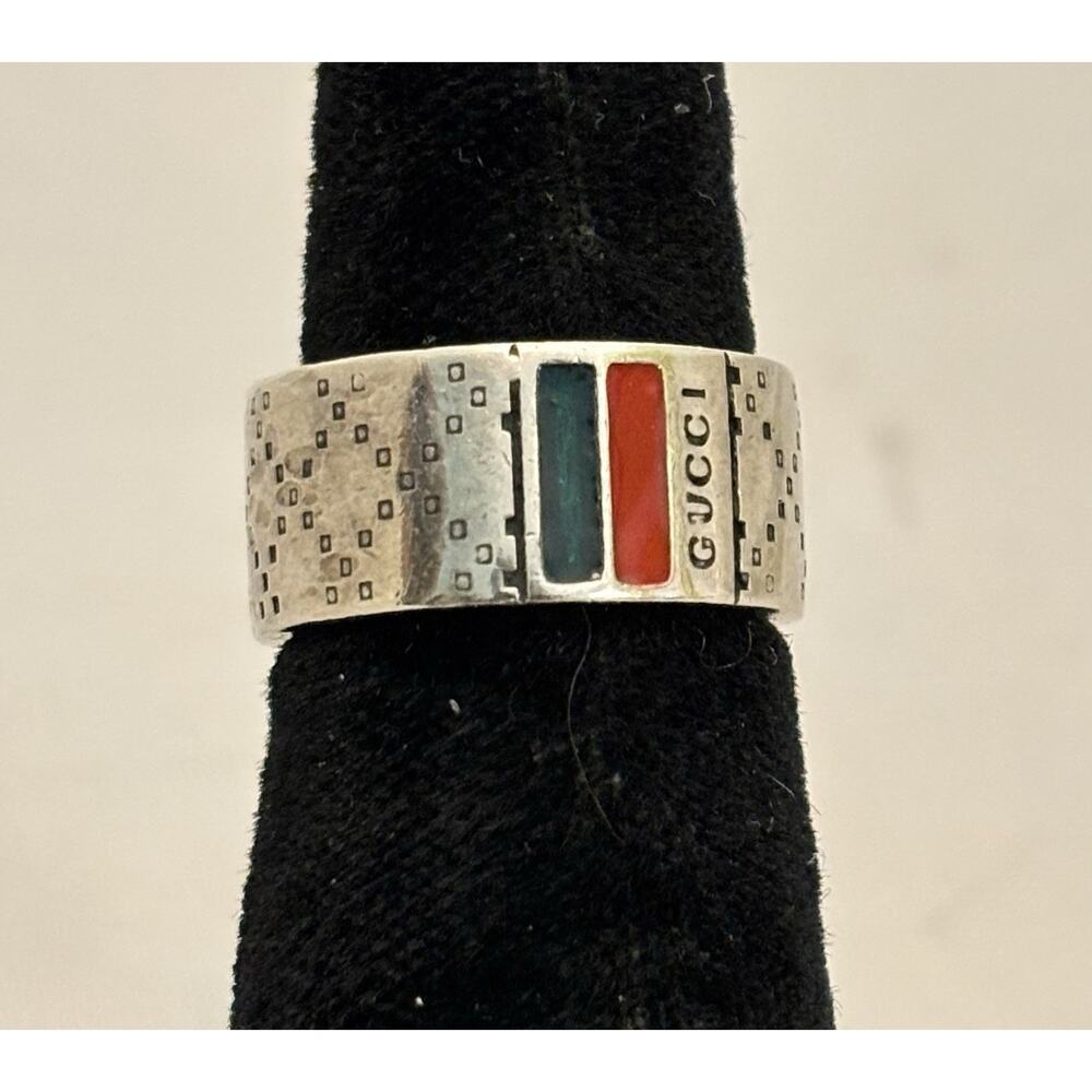 GUCCI Aged Sterling Silver Logo Wide Band RING w/Red/Green Enamel Inlay 8g/Sz 6
